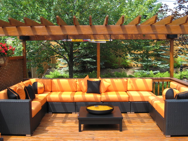 orange patio furniture with pergala
